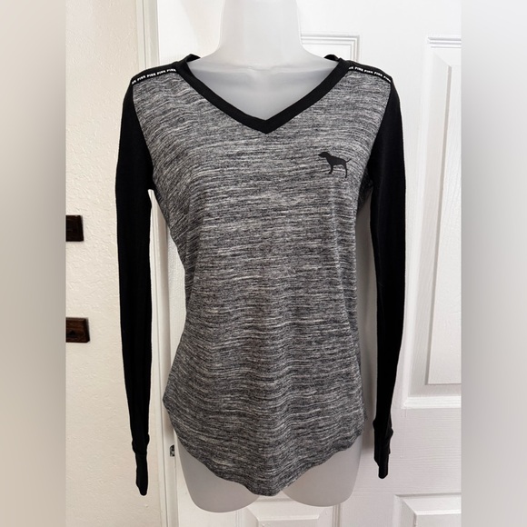 PINK Victoria's Secret Tops - PINK Victoria's Secret Black and Gray V-Neck Long Sleeve Tee